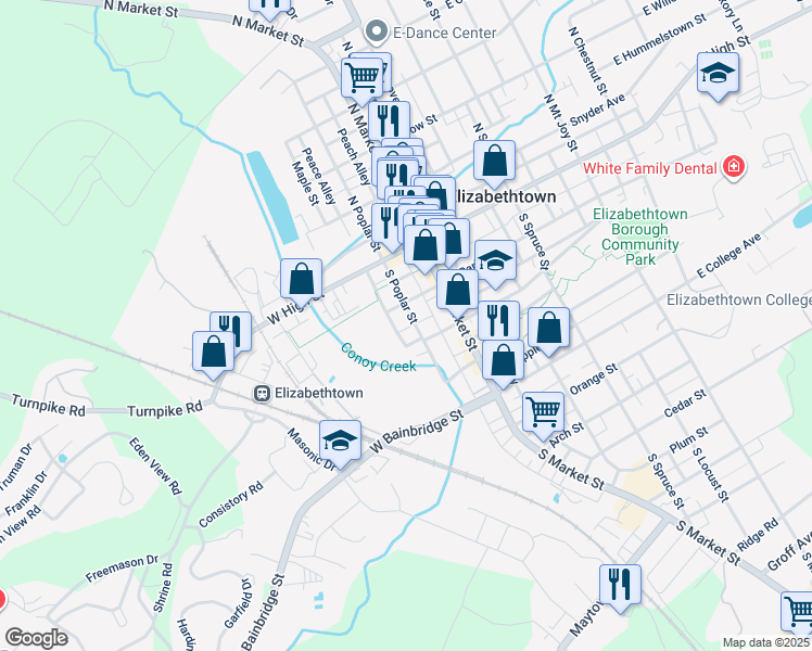 map of restaurants, bars, coffee shops, grocery stores, and more near 132 South Poplar Street in Elizabethtown