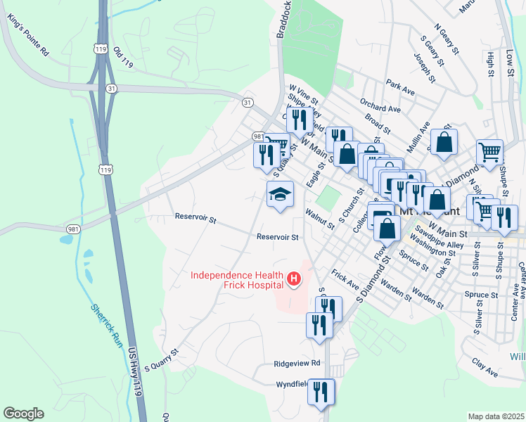 map of restaurants, bars, coffee shops, grocery stores, and more near 141 South Quarry Street in Mount Pleasant