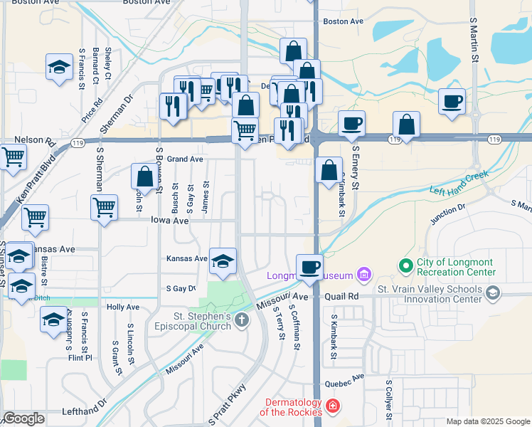 map of restaurants, bars, coffee shops, grocery stores, and more near 835 Kane Drive in Longmont