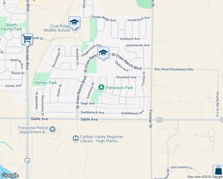 map of restaurants, bars, coffee shops, grocery stores, and more near 6482 Silverleaf Avenue in Longmont