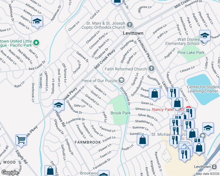 map of restaurants, bars, coffee shops, grocery stores, and more near 14 Glenwood Lane in Levittown