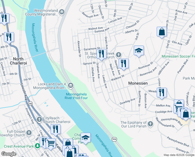 map of restaurants, bars, coffee shops, grocery stores, and more near 1205 Graham Ave in Monessen