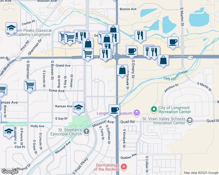 map of restaurants, bars, coffee shops, grocery stores, and more near 815 South Main Street in Longmont