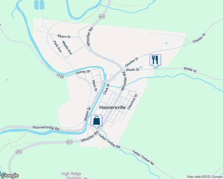 map of restaurants, bars, coffee shops, grocery stores, and more near 120 Church Street in Hooversville