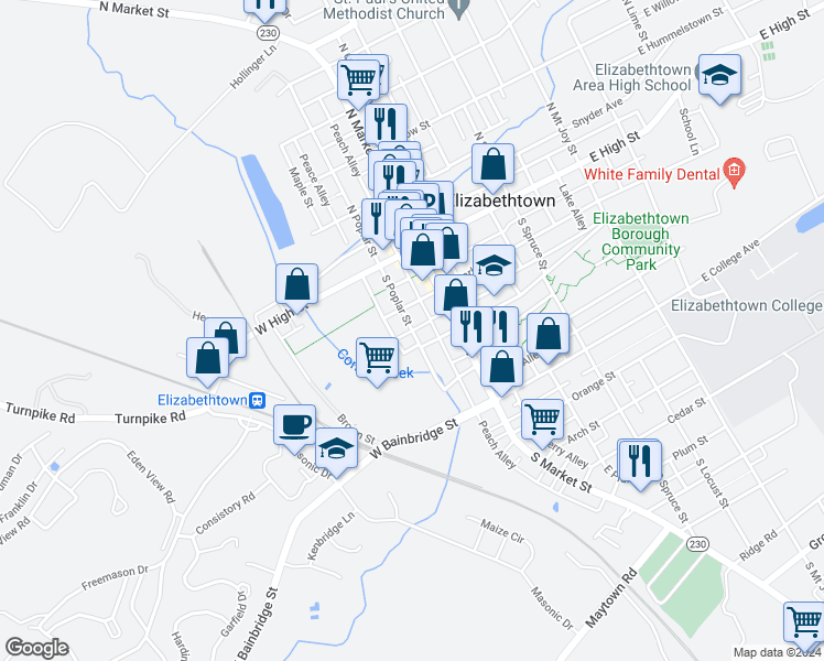 map of restaurants, bars, coffee shops, grocery stores, and more near 1 Church Street in Elizabethtown