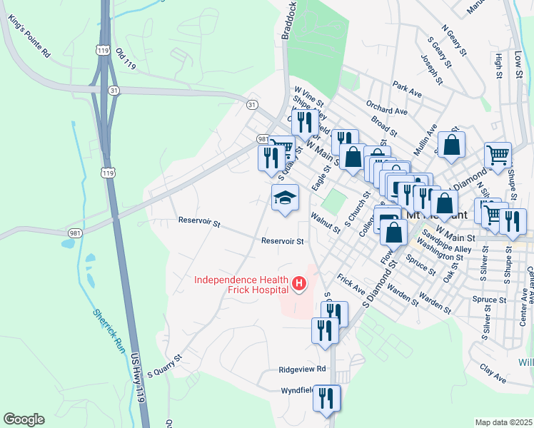 map of restaurants, bars, coffee shops, grocery stores, and more near 141 South Quarry Street in Mount Pleasant