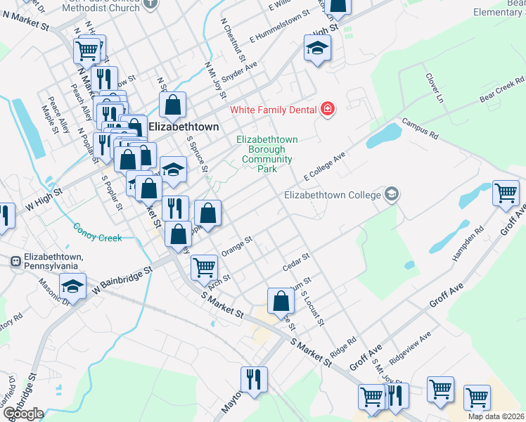 map of restaurants, bars, coffee shops, grocery stores, and more near 312 College Ave in Elizabethtown