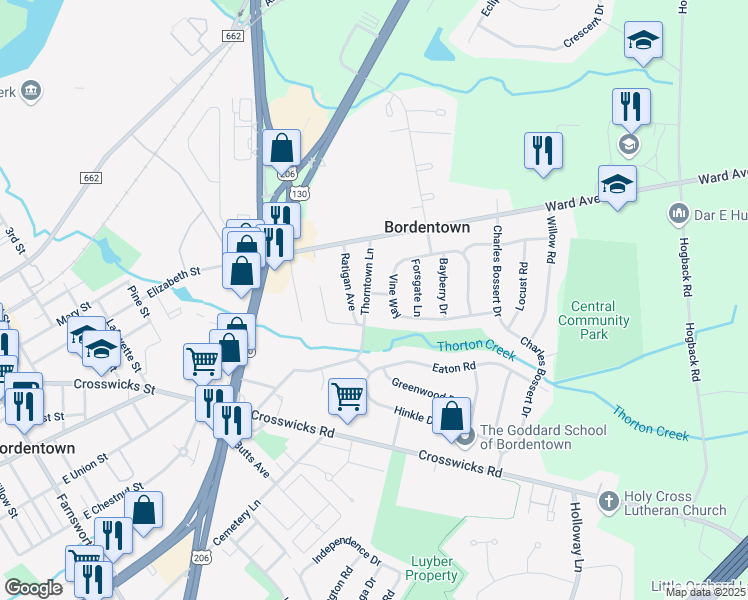 map of restaurants, bars, coffee shops, grocery stores, and more near 23 Thorntown Lane in Fieldsboro