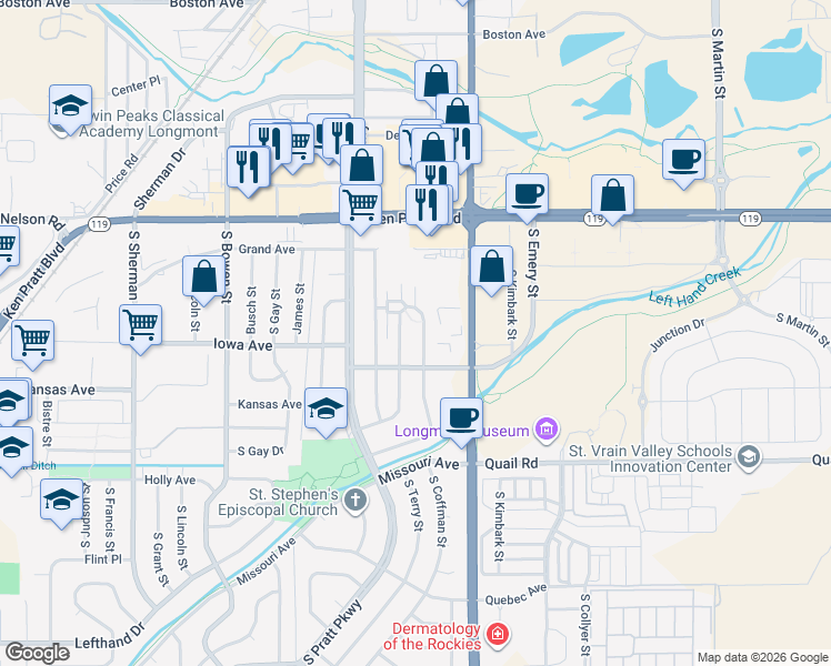 map of restaurants, bars, coffee shops, grocery stores, and more near 832 Kane Drive in Longmont