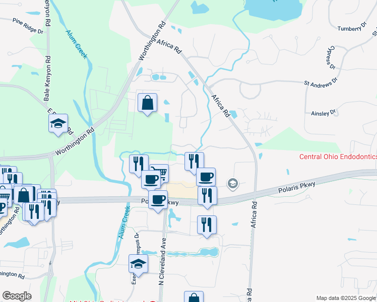 map of restaurants, bars, coffee shops, grocery stores, and more near 425 Westgreen Lane in Westerville