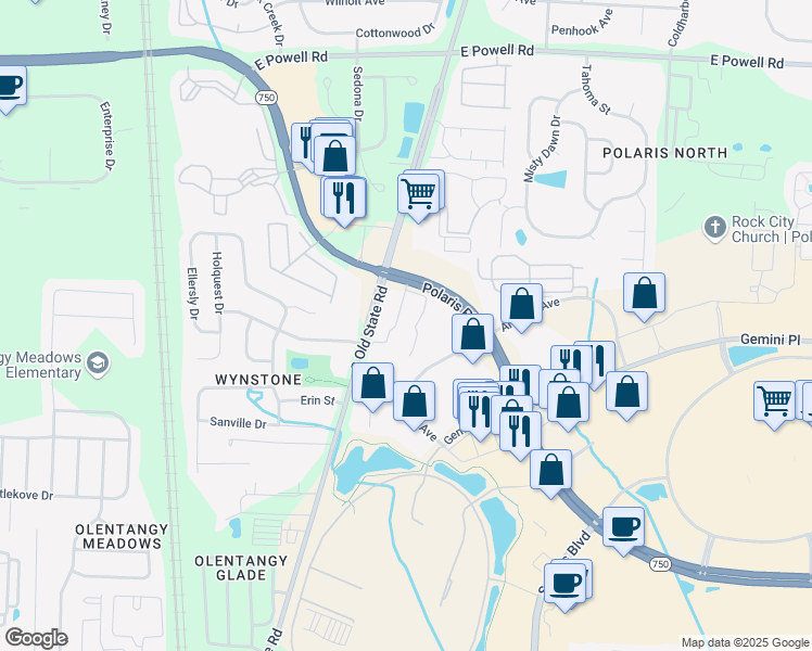 map of restaurants, bars, coffee shops, grocery stores, and more near 837 Polaris Parkway in Columbus