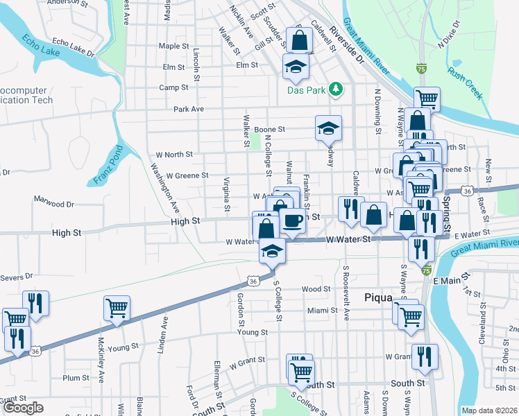map of restaurants, bars, coffee shops, grocery stores, and more near 318 Walker Street in Piqua