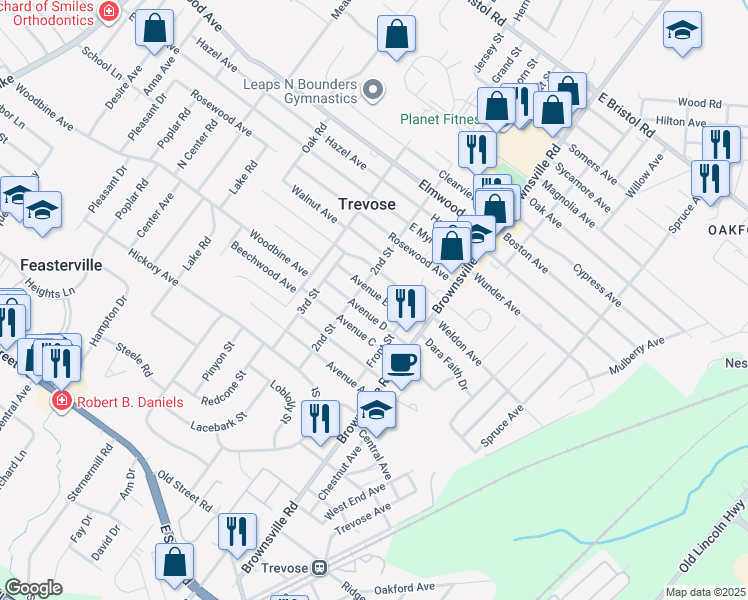 map of restaurants, bars, coffee shops, grocery stores, and more near 621 Avenue East in Feasterville-Trevose