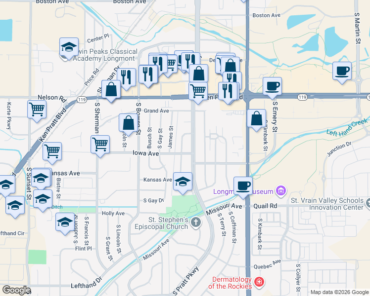 map of restaurants, bars, coffee shops, grocery stores, and more near 822 South Bross Street in Longmont