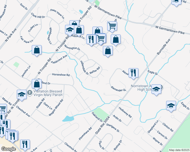 map of restaurants, bars, coffee shops, grocery stores, and more near 2417 Hillendale Drive in Norristown