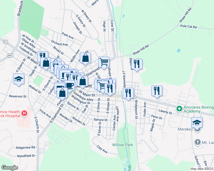 map of restaurants, bars, coffee shops, grocery stores, and more near 31 North Shupe Street in Mount Pleasant