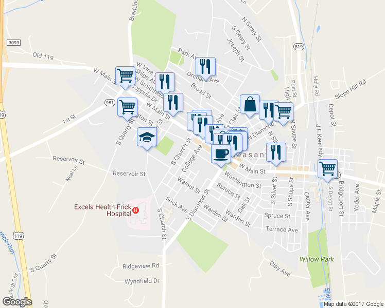 map of restaurants, bars, coffee shops, grocery stores, and more near 100 College Avenue in Mount Pleasant
