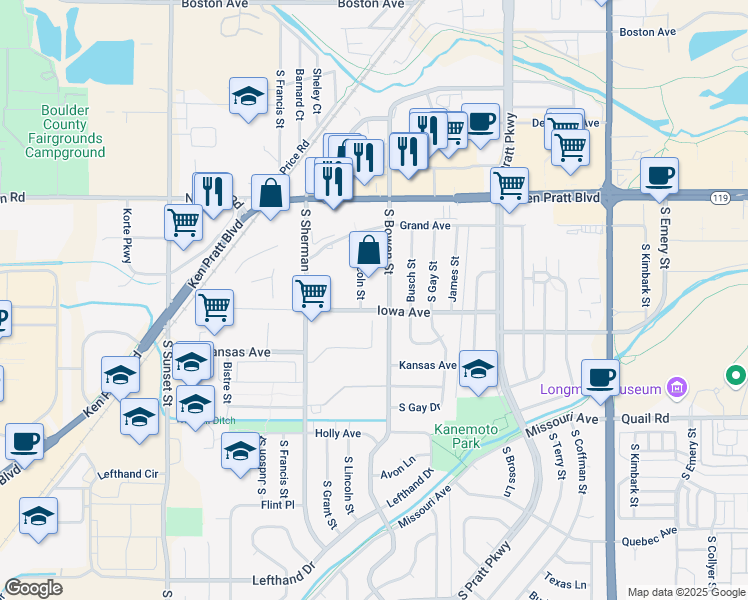 map of restaurants, bars, coffee shops, grocery stores, and more near 830 South Lincoln Street in Longmont