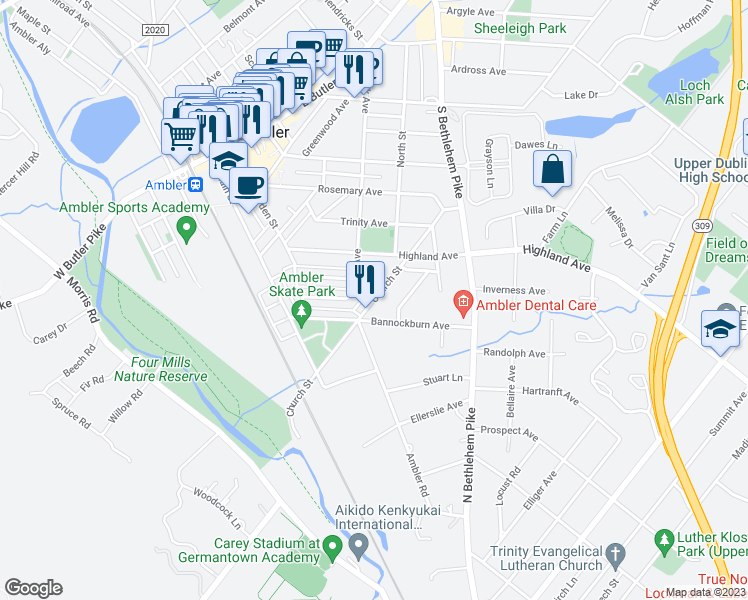 map of restaurants, bars, coffee shops, grocery stores, and more near 402 Church Street in Ambler