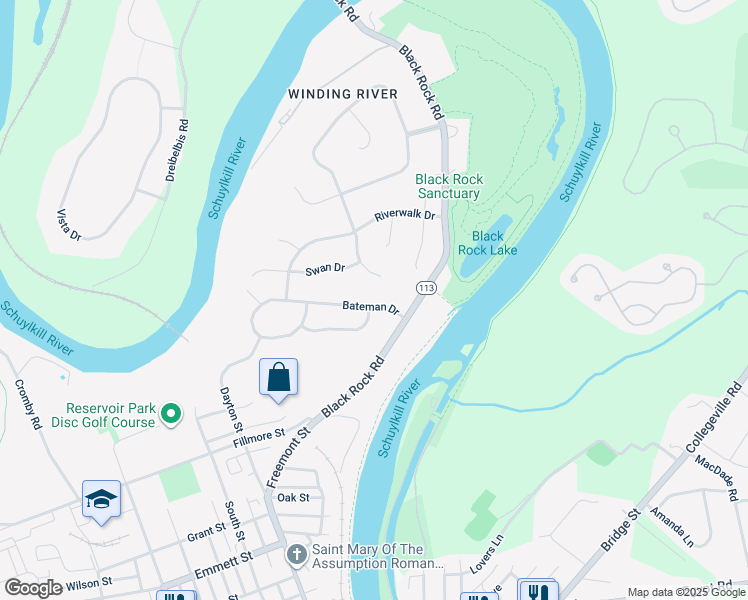 map of restaurants, bars, coffee shops, grocery stores, and more near 1001 Bateman Drive in Phoenixville