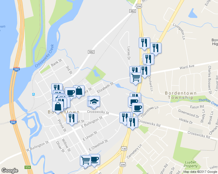 map of restaurants, bars, coffee shops, grocery stores, and more near 104 Elizabeth Street in Bordentown