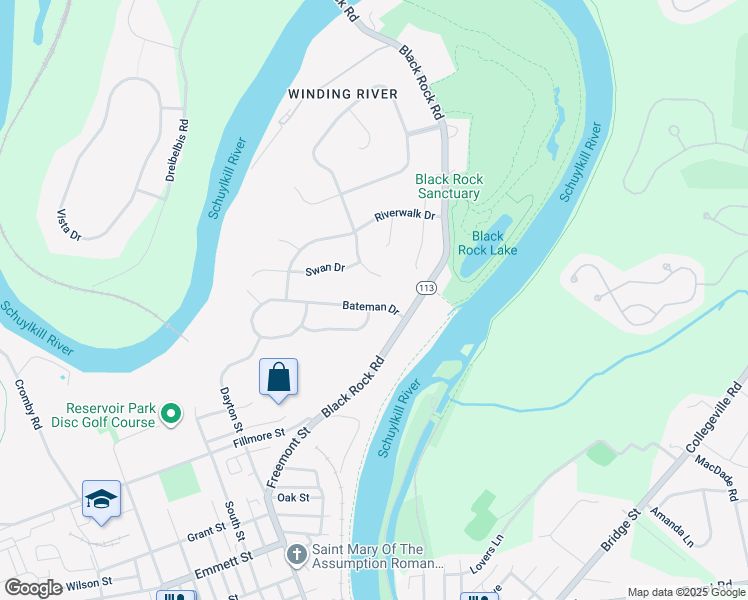 map of restaurants, bars, coffee shops, grocery stores, and more near 1001 Bateman Drive in Phoenixville