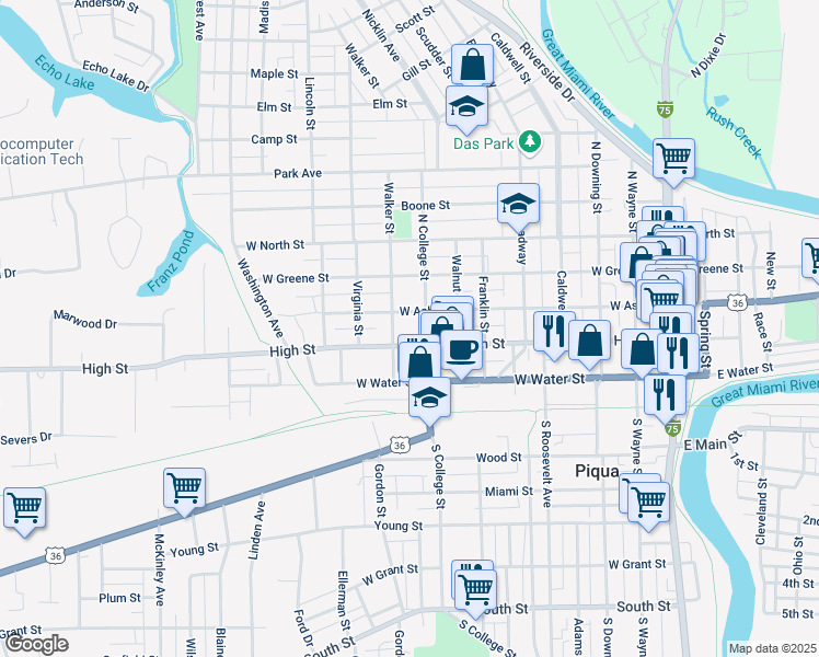 map of restaurants, bars, coffee shops, grocery stores, and more near 316 North College Street in Piqua