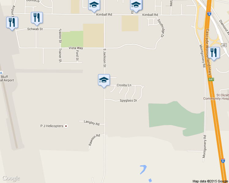 map of restaurants, bars, coffee shops, grocery stores, and more near 735 Trevino Court in Red Bluff