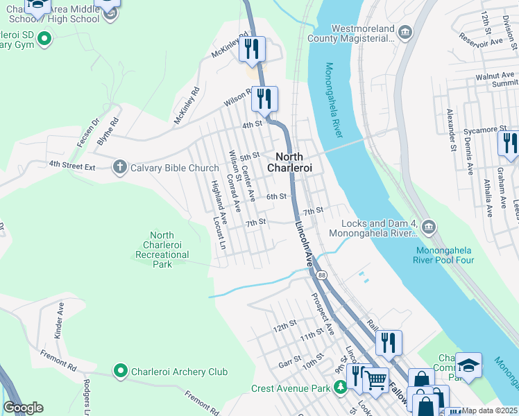 map of restaurants, bars, coffee shops, grocery stores, and more near 627 Center Avenue in Charleroi