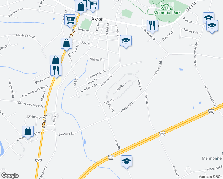 map of restaurants, bars, coffee shops, grocery stores, and more near 112 Eagle Drive in Ephrata