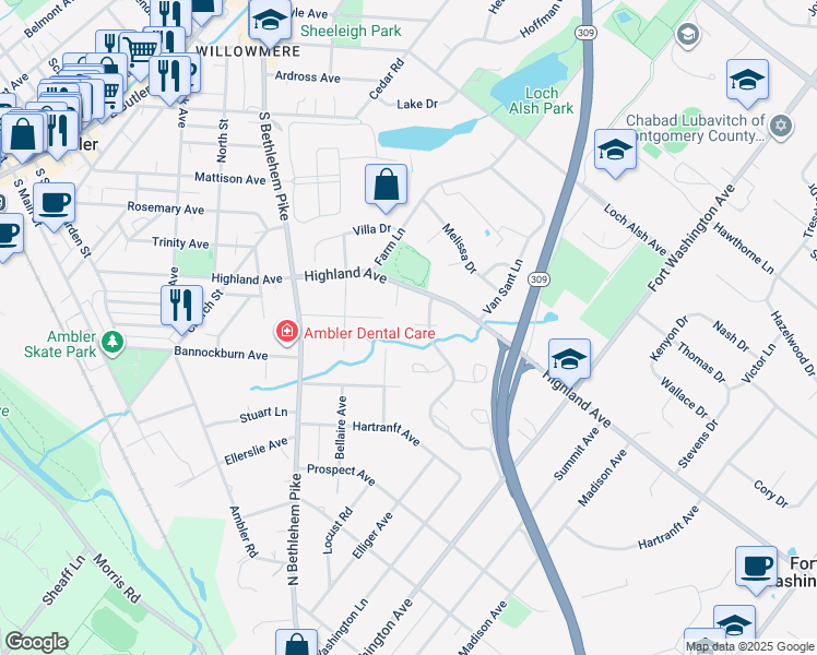 map of restaurants, bars, coffee shops, grocery stores, and more near 2502 Ash Grove Road in Ambler