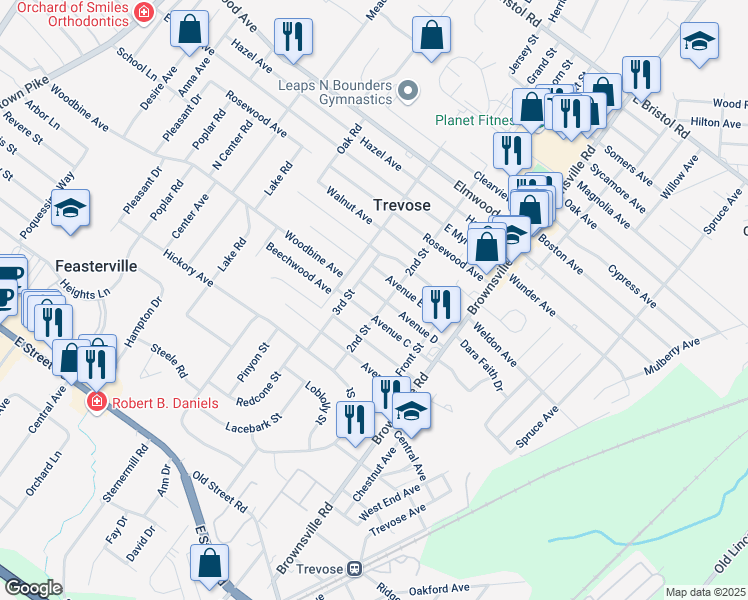 map of restaurants, bars, coffee shops, grocery stores, and more near 531 Avenue D in Trevose