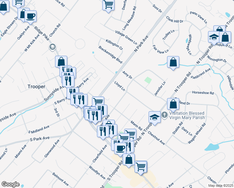 map of restaurants, bars, coffee shops, grocery stores, and more near 102 Park Avenue in Collegeville