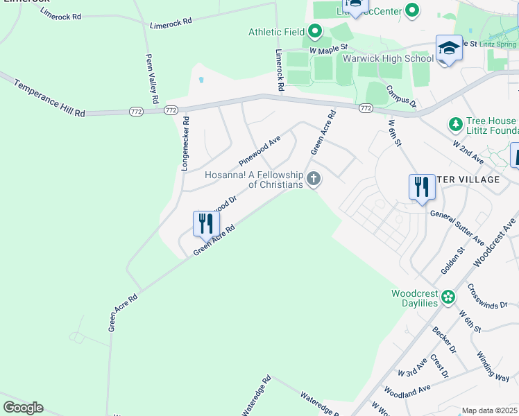 map of restaurants, bars, coffee shops, grocery stores, and more near 52 Green Acre Road in Lititz