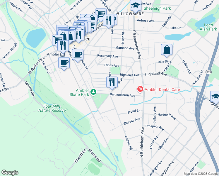 map of restaurants, bars, coffee shops, grocery stores, and more near 270 East Park Avenue in Ambler