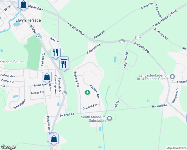 map of restaurants, bars, coffee shops, grocery stores, and more near 6245 Bayberry Avenue in Manheim