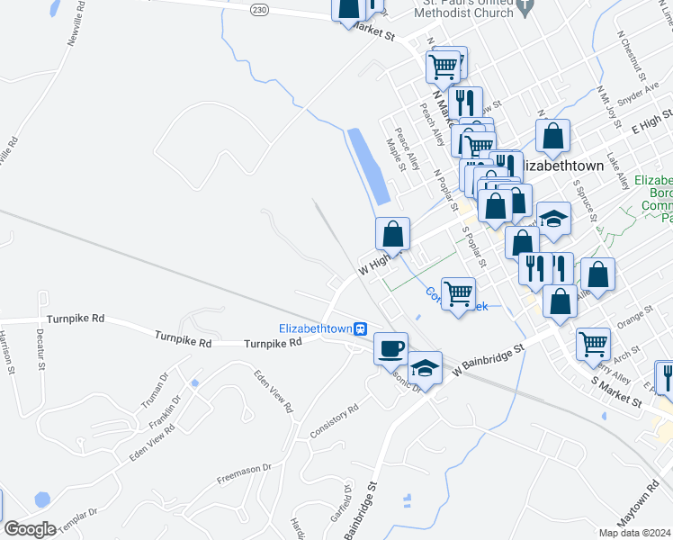 map of restaurants, bars, coffee shops, grocery stores, and more near 437 West High Street in Elizabethtown