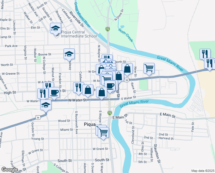 map of restaurants, bars, coffee shops, grocery stores, and more near 312 North Main Street in Piqua
