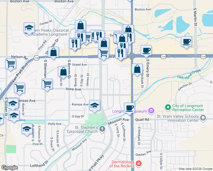 map of restaurants, bars, coffee shops, grocery stores, and more near 825 South Terry Street in Longmont