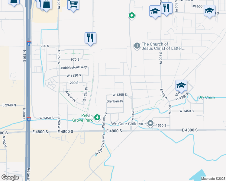 map of restaurants, bars, coffee shops, grocery stores, and more near 1343 West 1250 South in Springville