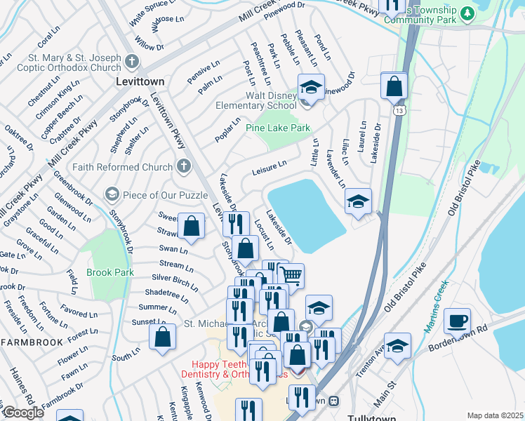 map of restaurants, bars, coffee shops, grocery stores, and more near 58 Locust Lane in Levittown