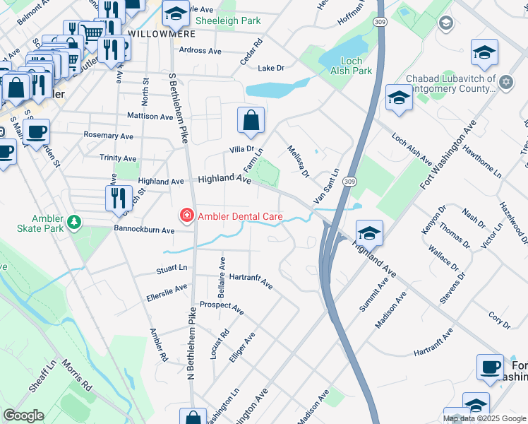 map of restaurants, bars, coffee shops, grocery stores, and more near 2502 Ash Grove Road in Ambler