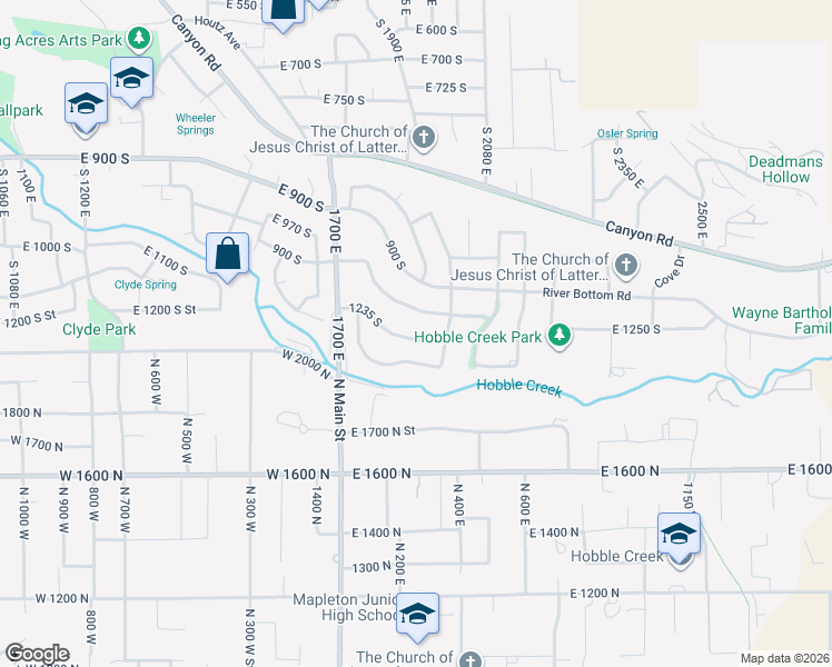 map of restaurants, bars, coffee shops, grocery stores, and more near 1863 1235 South in Springville
