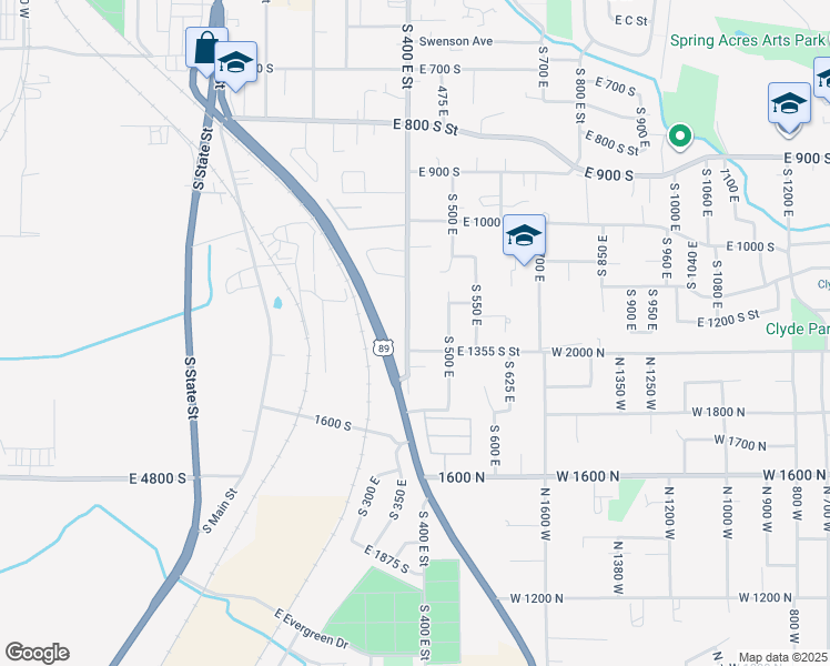 map of restaurants, bars, coffee shops, grocery stores, and more near 1213 S 400 E in Springville
