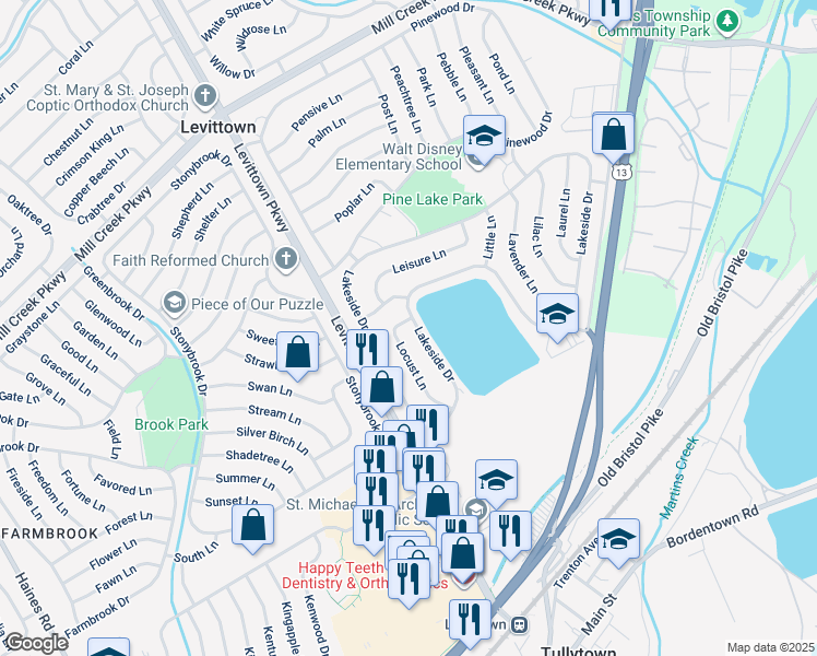 map of restaurants, bars, coffee shops, grocery stores, and more near 58 Locust Lane in Levittown
