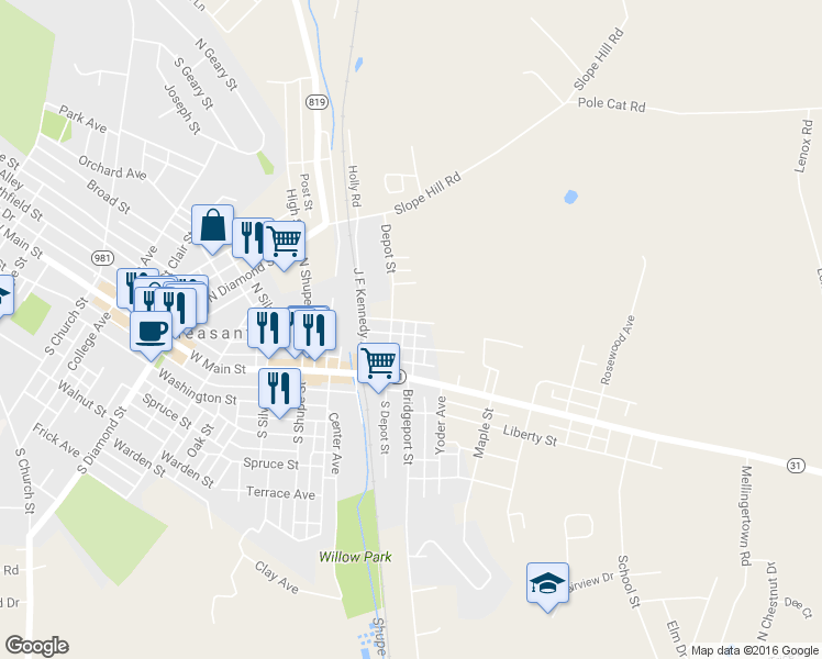 map of restaurants, bars, coffee shops, grocery stores, and more near 114 East Vine Street in Mount Pleasant