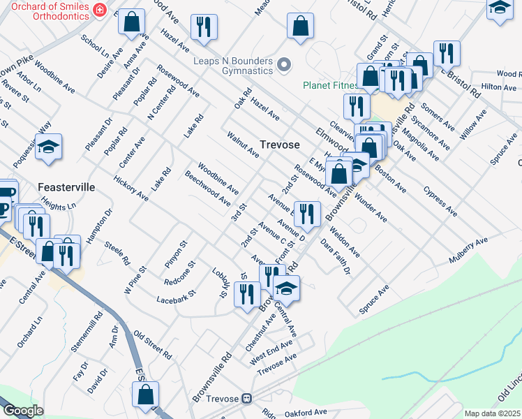 map of restaurants, bars, coffee shops, grocery stores, and more near 531 Avenue D in Trevose