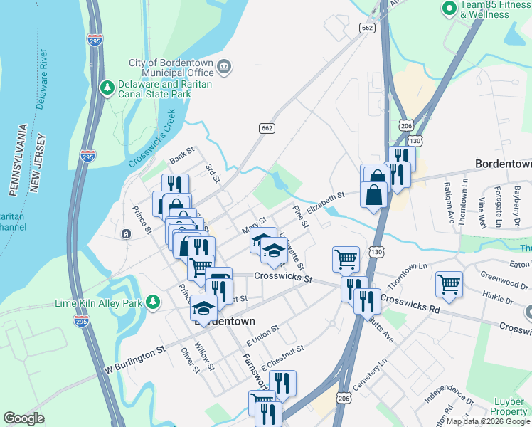 map of restaurants, bars, coffee shops, grocery stores, and more near 81 Mary Street in Bordentown