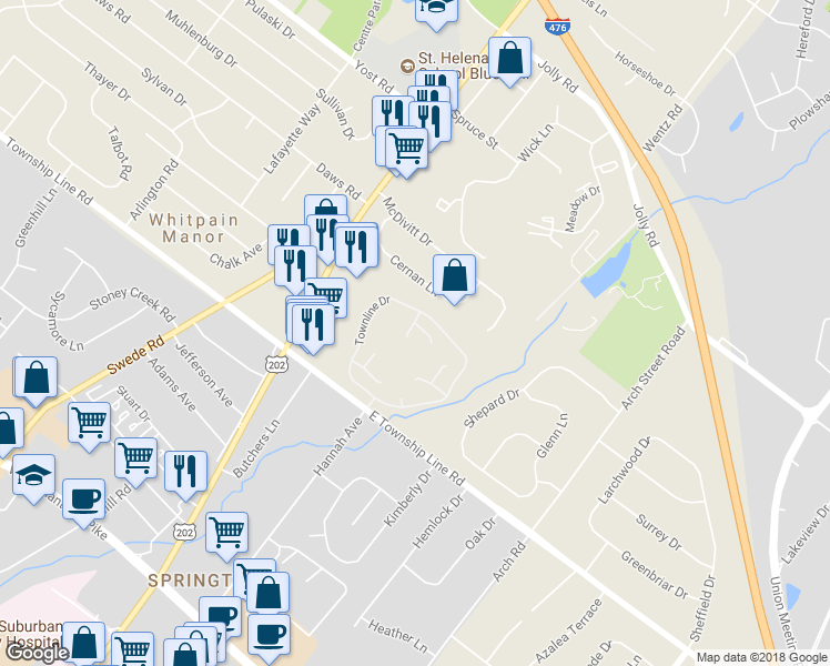 map of restaurants, bars, coffee shops, grocery stores, and more near 1703 Cherrie Circle in Blue Bell
