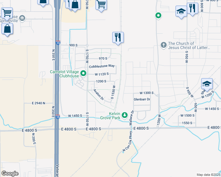 map of restaurants, bars, coffee shops, grocery stores, and more near 1264 Camlan Lane in Springville